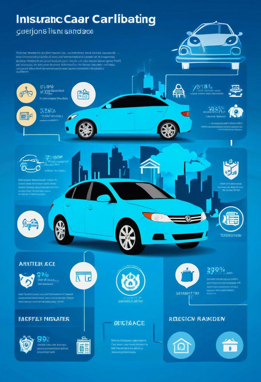 A visually appealing infographic illustrating key elements of affordable car protection, featuring a car shielded by various insurance icons like a piggy bank, calculator, and shield symbols. The background should depict a modern urban setting with a blue color palette to convey trust and security. Include elements like a transparent overlay of pricing graphs and protection statistics. clean and professional design. vibrant colors.