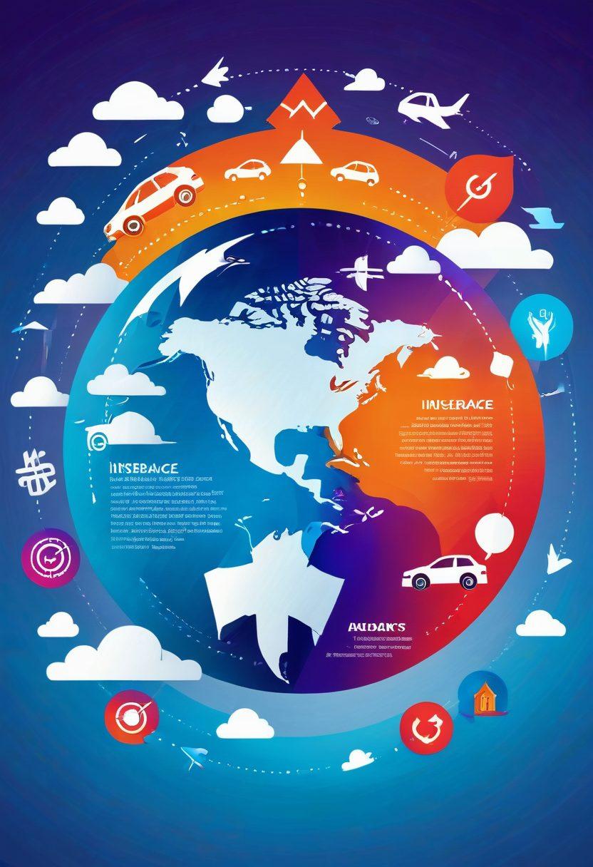 A dynamic illustration of a globe made out of various car models, with arrows pointing in different directions to symbolize navigation. Surrounding the globe are icons representing insurance coverage options, savings strategies, and insider tips. The background features a gradient sky transitioning from day to night, emphasizing the journey theme. Bright and engaging colors to attract the audience's attention. modern flat design. vibrant colors.