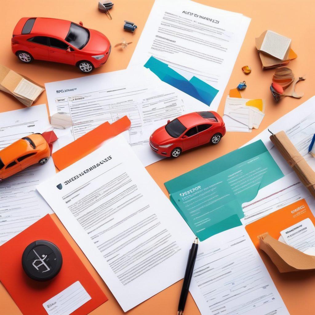 A visually engaging collage showcasing various aspects of auto insurance policies. Include images of cars, insurance documents, discount tags, and symbols representing safety and protection. Use a vibrant color palette to convey a sense of clarity and trust in financial decisions. The background should depict a calm and organized office environment. vector art. vibrant colors.